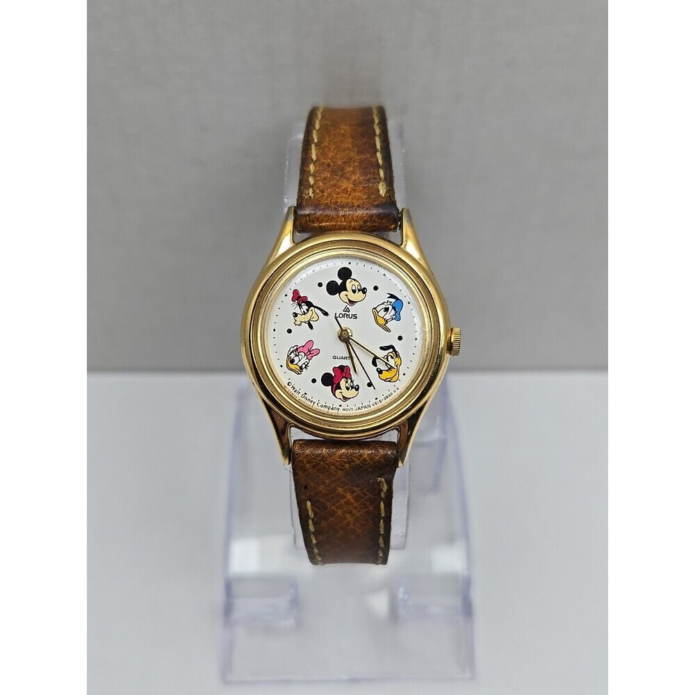 Rare Lorus Mickey & Pals Watch Gold Tone New Battery Leather Disney Characters